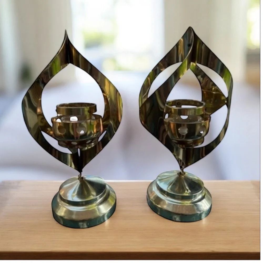2 Mid Century Modern Candle Holder Gold Metal‎ Sculptural